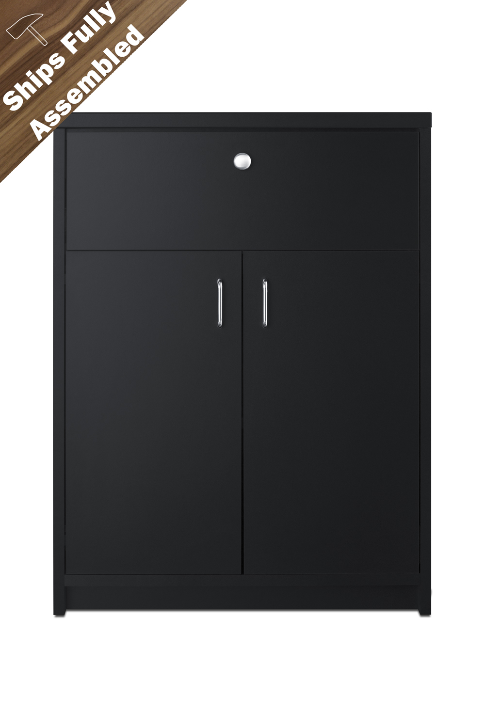 Fully assembled casework cabinet with storage drawer and French doors in ADA compliant height and black finish